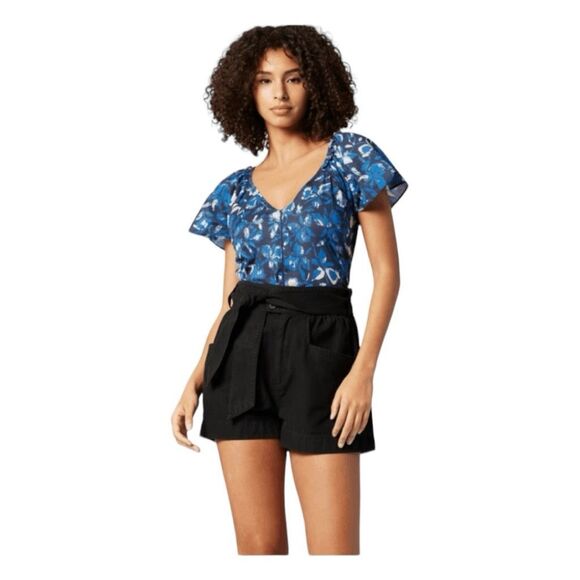 Joie Katya Floral Print Blouse Navy Blazer Blue Flutter Short Sleeves V-Neck S - Picture 1 of 11